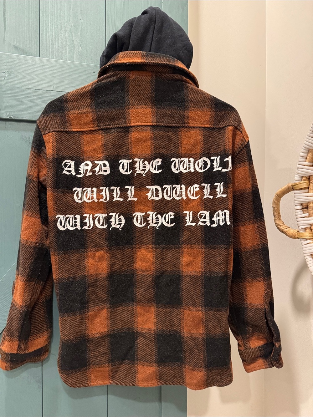 Forever 21 Orange and Black Plaid Shirt Jacket with Script Back (oversized fit)